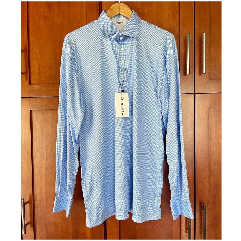 Collars and Co Polo Shirt Semi Spread Collar Blue Houndstooth Size XL NEW - Picture 2 of 10
